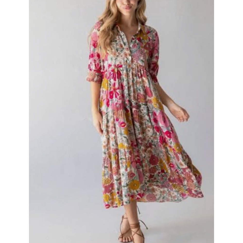 Natural Life Rebecca Midi Dress Pink Floral Boho Tiered Rayon Small